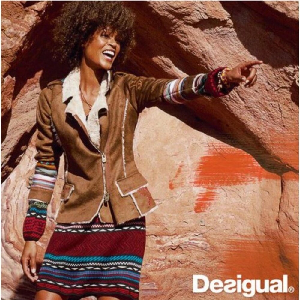Desigual SMALL Tan Embroidered Faux Suede Sherpa Fur Jacket